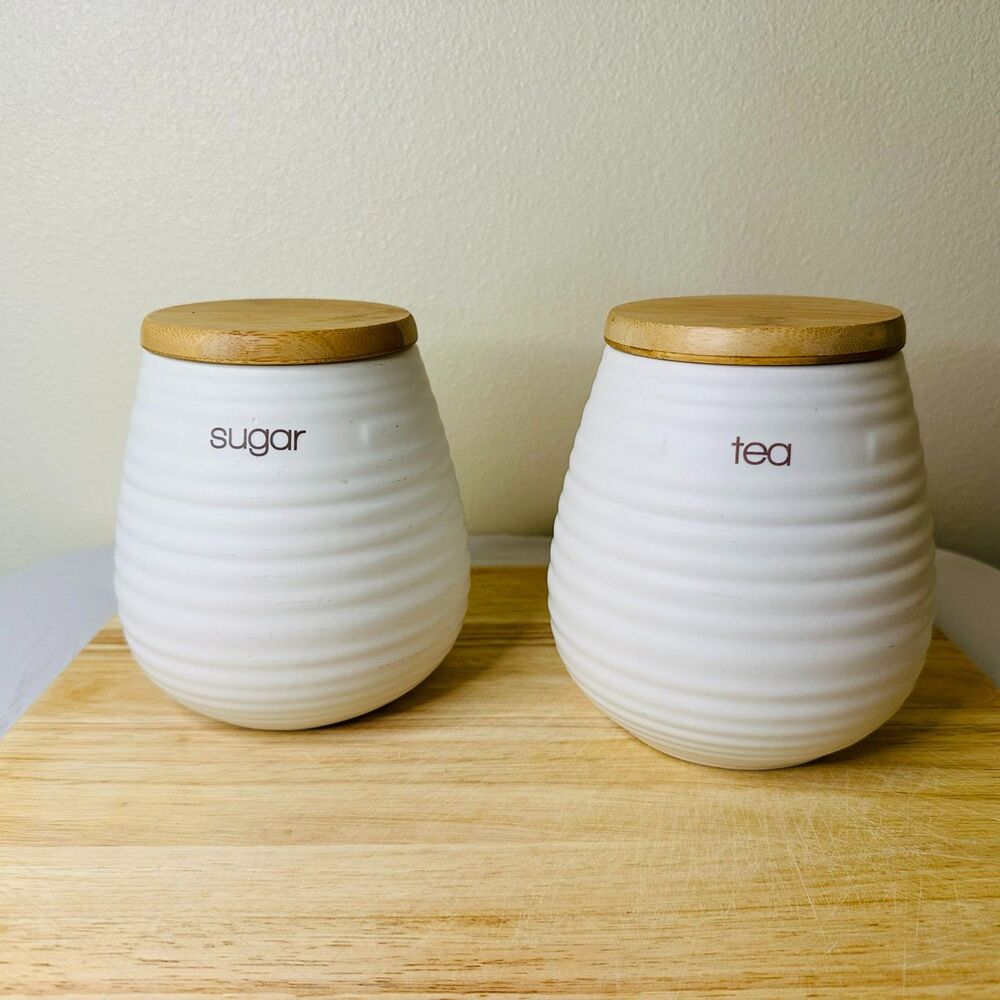 Circo Liquid Lines Ceramic Tea & Sugar Canisters with Bamboo Lids
